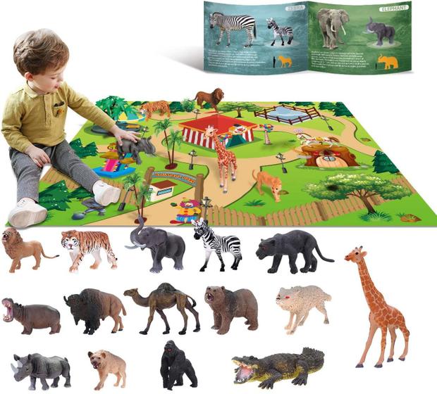 Imagem de YouCute 15 Brinquedos animais para meninos safári realista animais fazenda zoo presente de brinquedo educacional com tapete de jogo para 2 3 4 5 6 7 anos meninas crianças crianças crianças