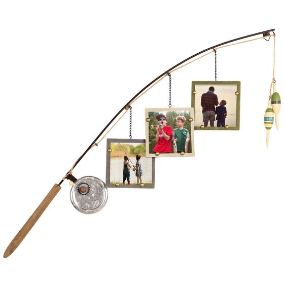 Imagem de Young's Inc. Wood Fishing Pole Picture Frame Display com três molduras de 4 "x 4" - Decoração de parede - Molduras suspensas