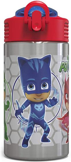 Imagem de Zak Designs PJ Mascaras 15.5oz Garrafa de água crianças de aço inoxidável com bico de palha flip-up - BPA Free Durable Design, PJ Masks SS