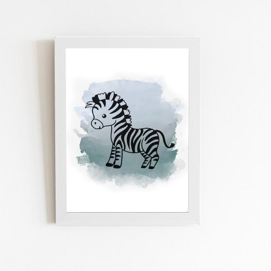 Imagem de Zebra Desenho Animal Infantil Quadro Moldura Branca 60x40cm