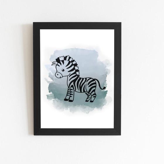 Imagem de Zebra Desenho Animal Infantil Quadro Moldura Preta 60X40Cm