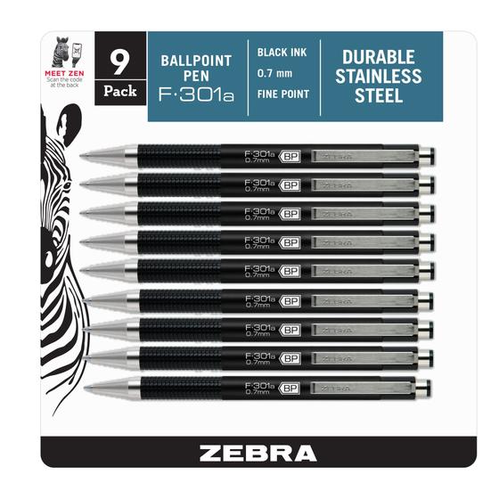 Imagem de Zebra Pen F-301A caneta esferográfica retrátil, cano de metal preto premium, ponto fino, 0.7mm, tinta preta, 9-Pack, 27601