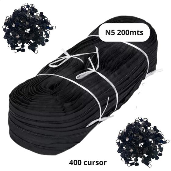 Imagem de Zipper preto n5 pacote com 200 mts + 400 cursores fecho