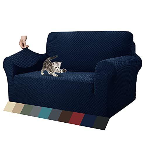 Imagem de ZNSAYOTX 1 Peça Jacquard Couch Covers para 2 Sofá almofada Alto Trecho Amasteconte Capa de Deslizamento para Pets Cães Anti Slip Love Assento Sofá Slipcover Protetor de Móveis (Loveseat, Azul Marinho)