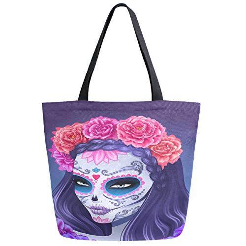 Imagem de ZZwwr Day of the Dead Sugar Skull Girl with Roses Bolsa de ombro extra grande de lona bolsa de armazenamento com alça para academia, praia, fim de semana, viagens, compras