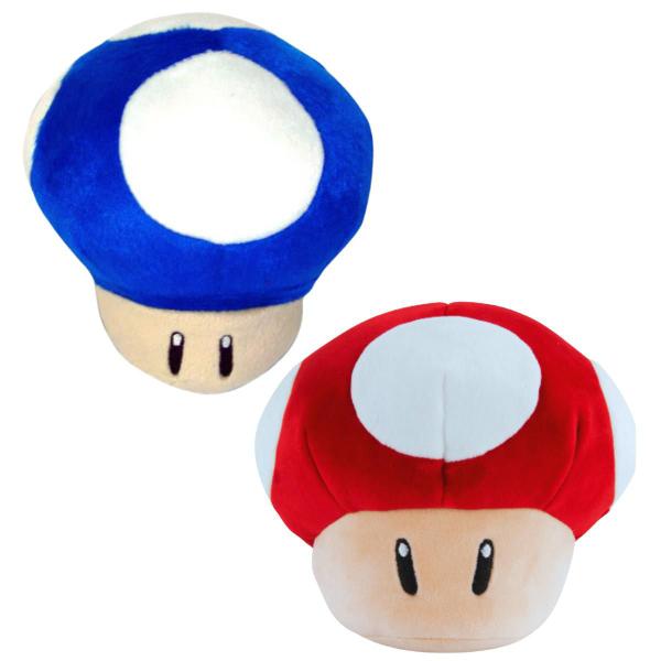 Imagem de 02 Brinquedos Pelucia Cogumelo Vermelho e Azul 15cm da Turma do Mario Antialergico