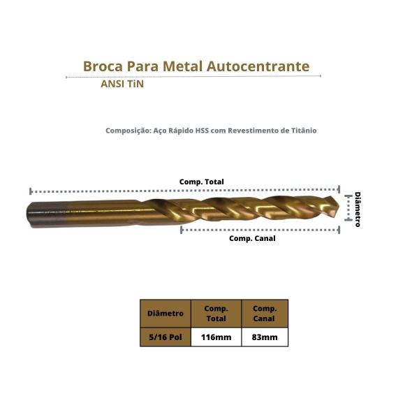 Imagem de 02 Broca Aço Rápido HSS Metal 5/16 Autocentrante Titânio HT