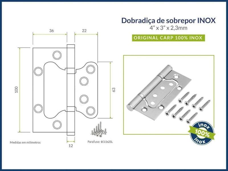 Imagem de 02 Dobradiça Porta Sobrepor Sem Rebaixo Inox 4'X3'X,2,2Mm