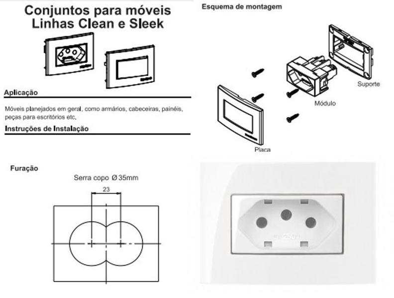 Imagem de 02 Tomada Moveis Margirius 2P+T Branca 10A 250V Nbr 14136