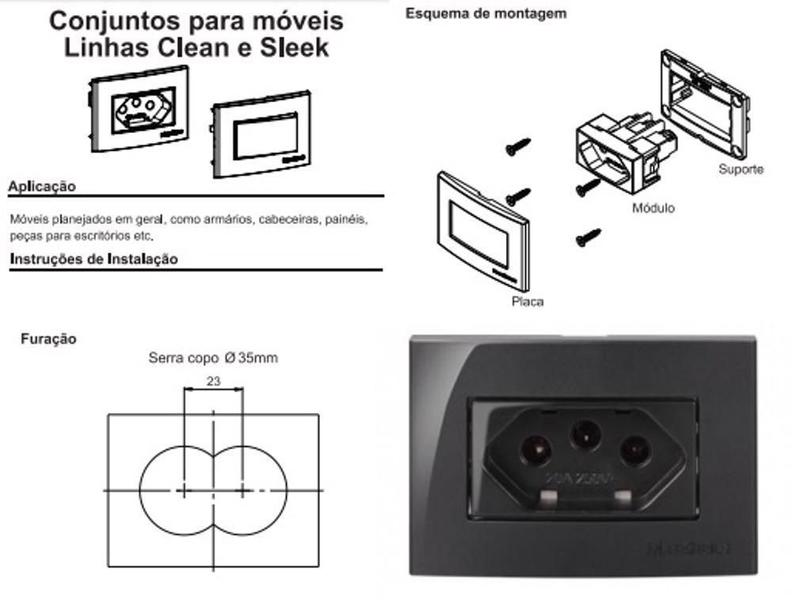 Imagem de 02 Tomada Moveis Margirius 2P+T Preta 10A 250V Nbr 14136