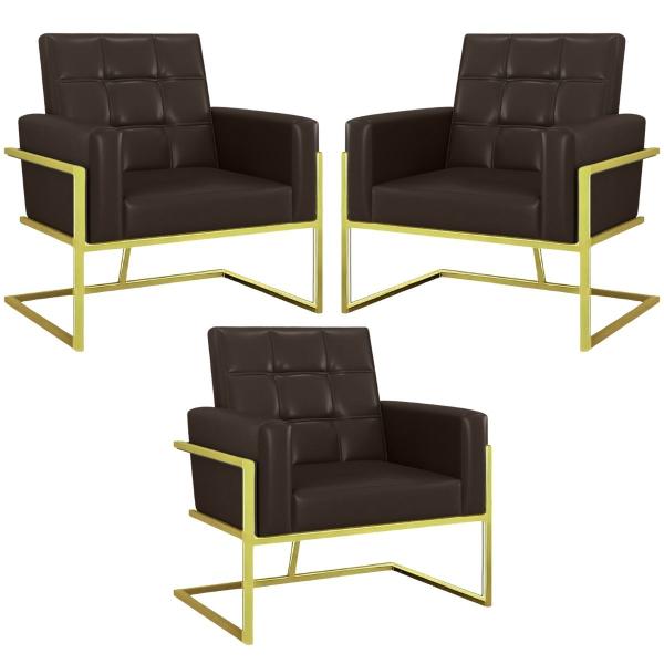 Imagem de 03 Poltronas base Dourado material sintético Decorativo para Sala de Espera