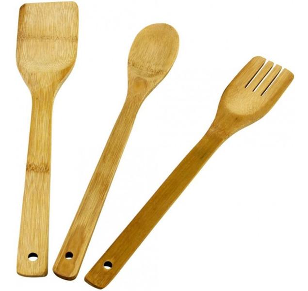 Imagem de 03 Talheres Pegadores Bambu Colheres Espatula Garfo Cozinha