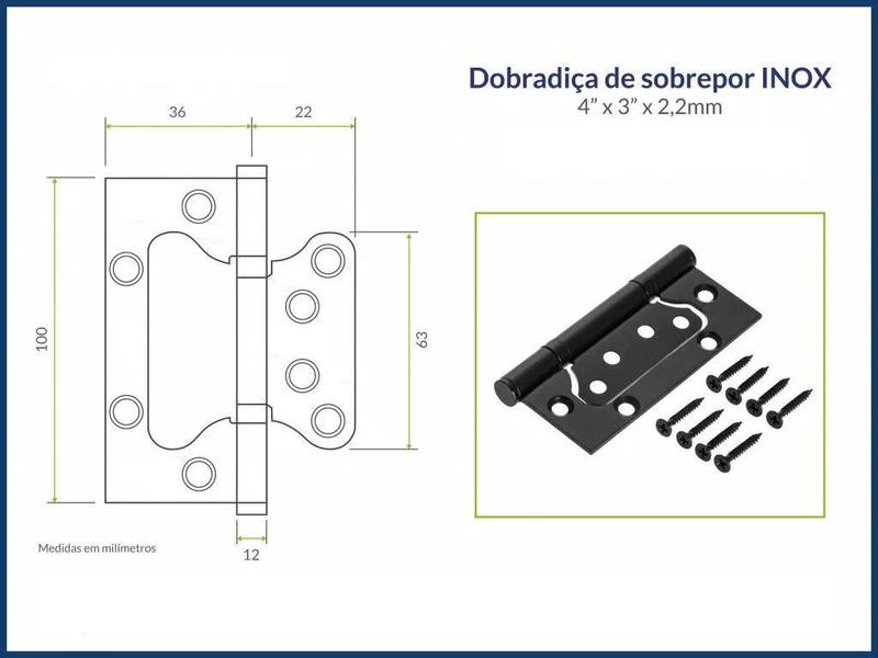 Imagem de 04 Dobradiça Porta Sobrepor Sem Rebaixo Inox 4'x3' Preta