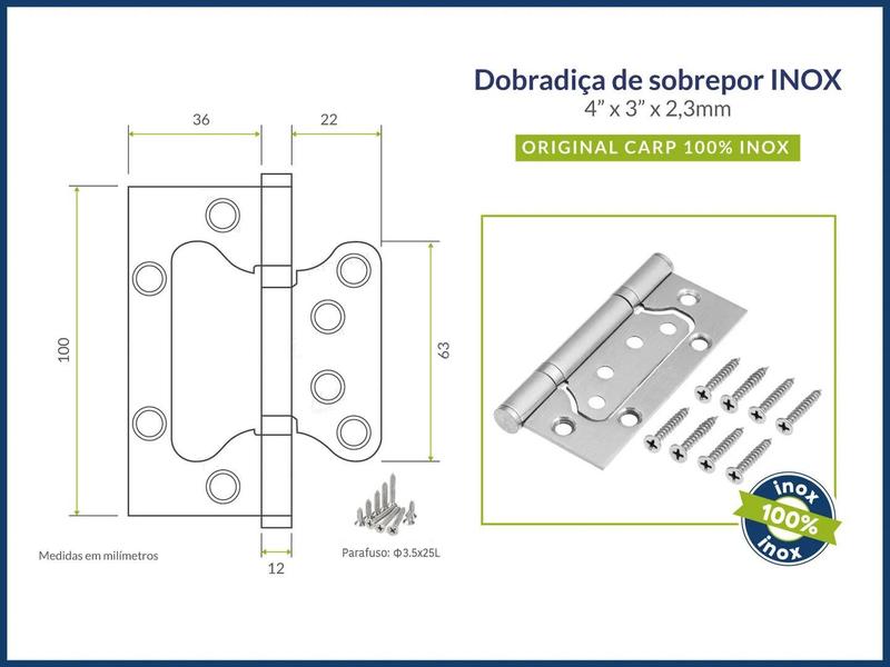 Imagem de 04 Dobradiça Porta Sobrepor Sem Rebaixo Inox 4'x3'x,2,2mm 