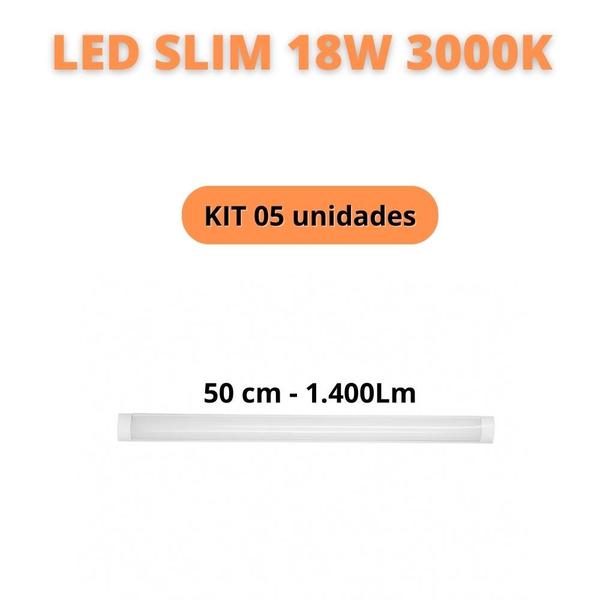 Imagem de 05 LUMINÁRIAS LED SLIM 50CM 18W 1400Lm 3000K BRANCO QUENTE