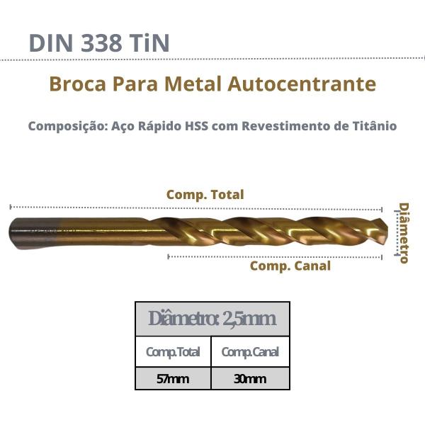 Imagem de 05 Un Broca Aço Rápido 2,5mm Titânio Autocentrante HSS Metal