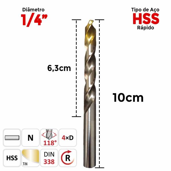 Imagem de 05 Un Broca Aço Rápido Ponta de Titânio 1/4 Polegada DORMER