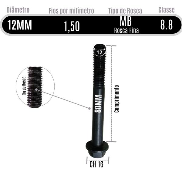 Imagem de 05 Un Parafuso Sextavado Flangeado 12x80 Rosca Fina Aço 8.8