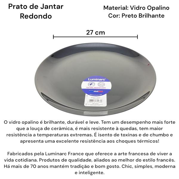 Imagem de 06 Pratos Jantar Redondo Vidro Opalino Preto Mesa Posta 27cm