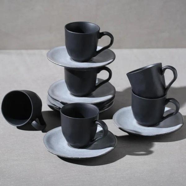 Imagem de 06 Xícaras de Café c/ Pires Geo Orgânico Concreto Stoneware 120mL - Porto Brasil