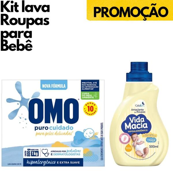 Imagem de 1 Amaciante de Roupas Bebe Vida Macia + 1 Omo Puro Cuidado 800g Lavanderia para Bebe