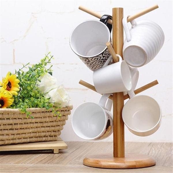 Imagem de 1 Conjunto Tree Shape Wood Coffee Coffee Cup Storage Holder Stand Home Kitchen Mug Hanging Display Rack Drinkware Shelf Com 6 ganchos Suportes e racks de armazenamento