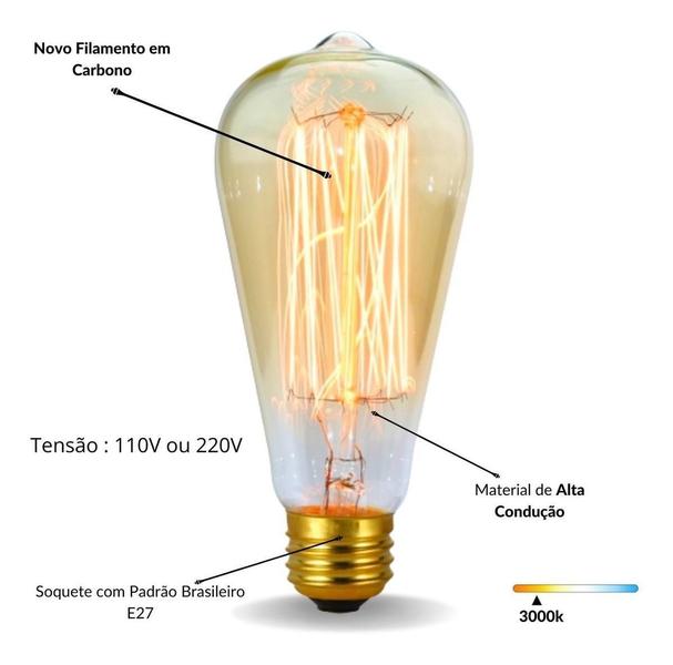 Imagem de 1 Lâmpada Filamento Carbono Bulbo St64 Vintage Retro Edison