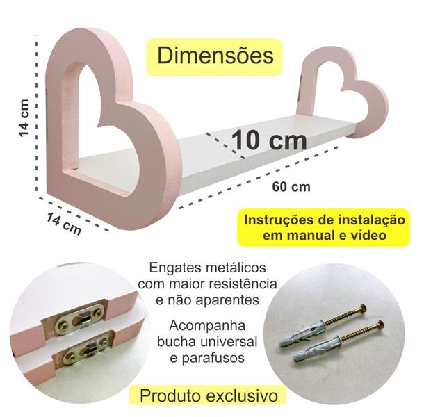 Imagem de 1 Prateleira coração rosa 60cm e 1 cabideiro formas infantil