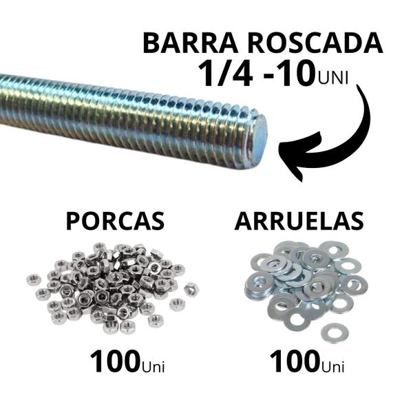 Imagem de 10 Barra Roscada 1/4 Zincada 1 Metro + 100 Porca e Arruela