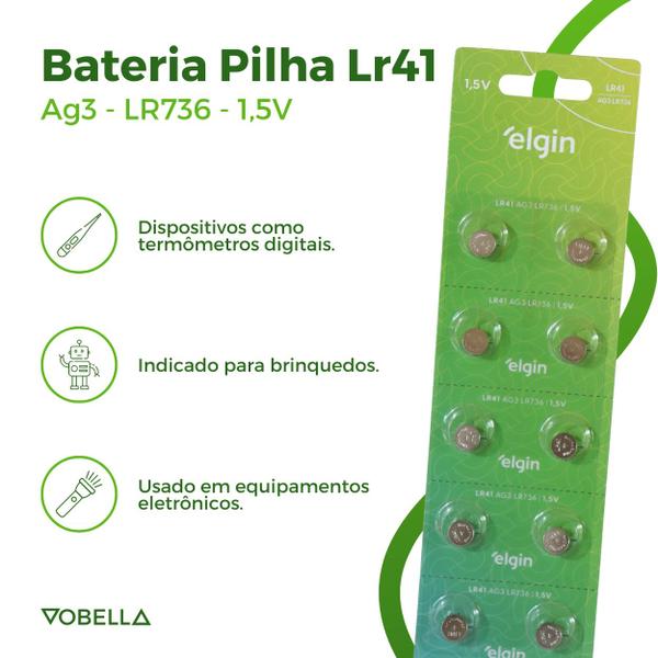 Imagem de 10 Baterias Pilhas Alcalina Lr41 1,5v Blister Cartela Elgin