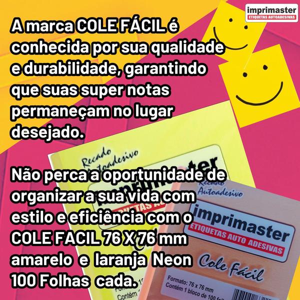 Imagem de 10 Blocos Post It Cole Fácil 76x76mm Amarelo & laranja Neon 100 folhas cada 1000 Notas Adesivas