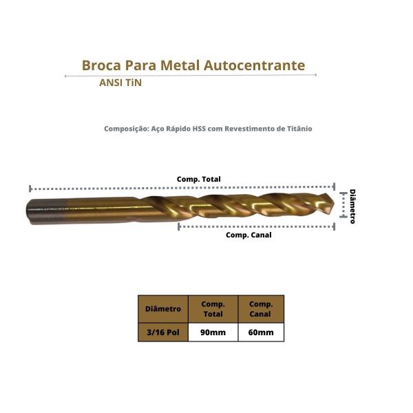 Imagem de 10 Broca Aço Rápido HSS Metal 3/16 Autocentrante Titânio HT