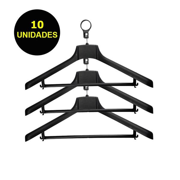 Imagem de 10 Cabides de Plástico Antifurto Preto Reforçado Conjunto