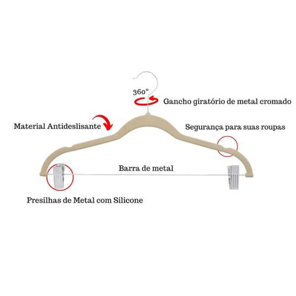 Imagem de 10 Cabides de Veludo Adulto Com Barra de Metal e Presilha - Magala Cor:Creme