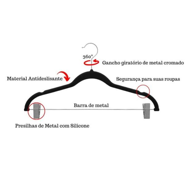 Imagem de 10 Cabides de Veludo Adulto Com Barra de Metal e Presilha - Magala - Preto