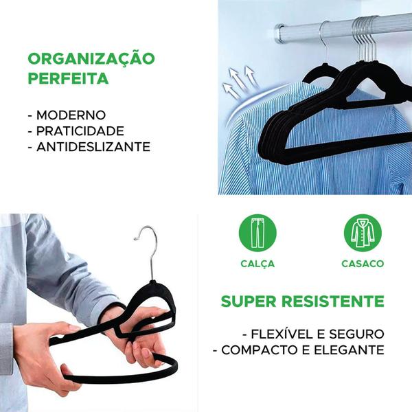 Imagem de 10 Cabides De Veludo Slim Ultra Finos Antideslizante - Preto