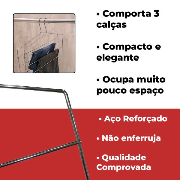 Imagem de 10 Cabides Para Calças Triplo Aço Cromado Reforçado Organizador