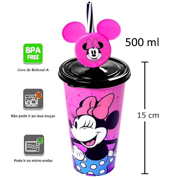 Imagem de 10 Copos Canudo Orelhas Minnie Rosa 500ml p/ Infantil Lembrancinha Sacola Surpresa