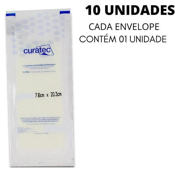 Imagem de 10 Curativo Compressa Petrolatum Para Pele Ferida Alta Absorção Ráida Cicatrização 7,6cm x 20,3 - Curatec