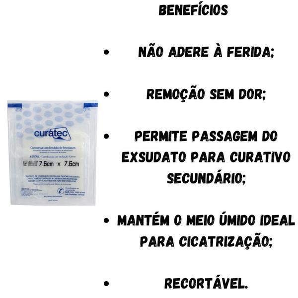 10 Curativos Compressa Emulsão Petrolatum Alivia Dor 7,6cmx7,6cm - CURATEC Imagem de 10 Curativos Compressa Emulsão Petrolatum Alivia Dor 7,6cmx7,6cm