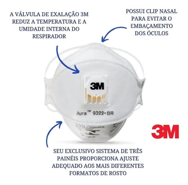 Imagem de 10 Máscaras Respiratoria Aura 3m 9322 +br Pff2 S N95 Valvula