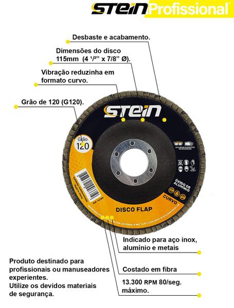 Imagem de 10 Peças disco flap curvo 4.1/2 115mm metais ferrosos Grão 120 Stein