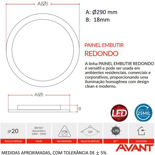 Imagem de 10 Plafon Painel Led Redondo Embutir 24w 4000k Morno 30cm