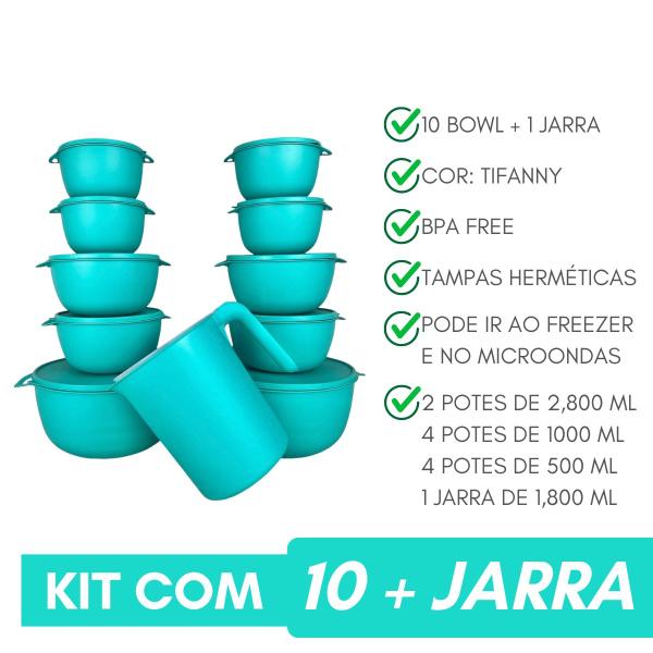 10 Potes Bowl Plástico C/ Tampa + Jarra Para Suco Livre BPA - Casa Bella Imagem de 10 Potes Bowl Plástico C/ Tampa + Jarra Para Suco Livre BPA