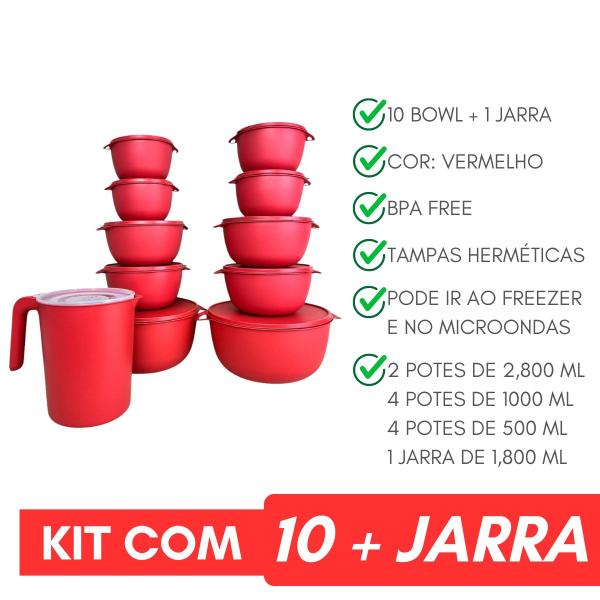 Imagem de 10 Potes Bowl Plástico C/ Tampa + Jarra Para Suco Livre BPA