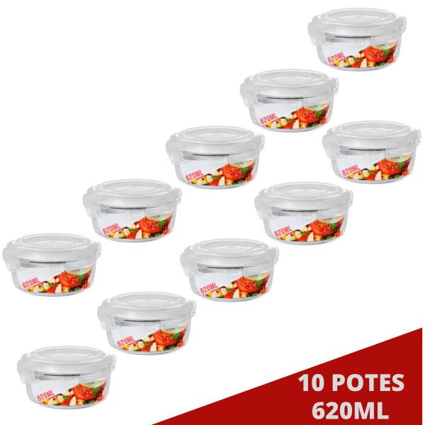 Imagem de 10 Potes Hermetico 620ml Redondo Vidro Microondas Multiuso