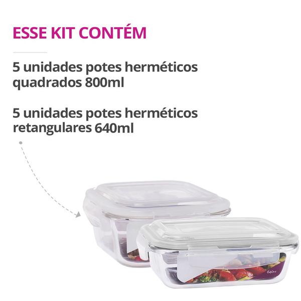 Imagem de 10 Potes Vidro Herméticos Tampa Silicone Vedação 640ml 800ml