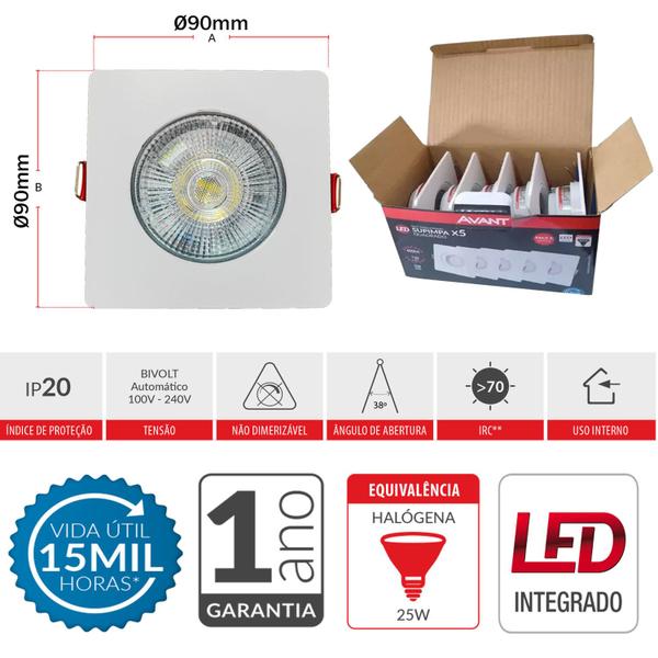 Imagem de 10 Spot Led 5w Quadrado Embutir Luz Amarela 3000k Luminária Gesso Avant