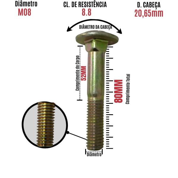 Imagem de 10 Un Parafuso Frances Aço M08 x 80 Cabeça Redonda Amarelo