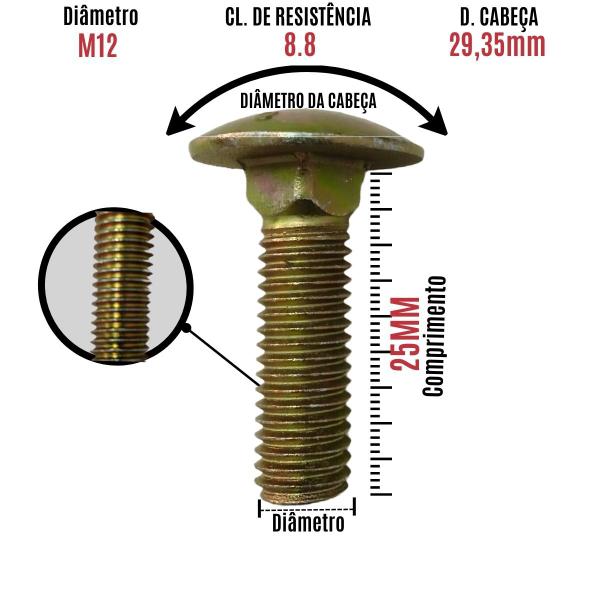 Imagem de 10 Un Parafuso Frances Aço M12 x 25 Cabeça Redonda Amarelo